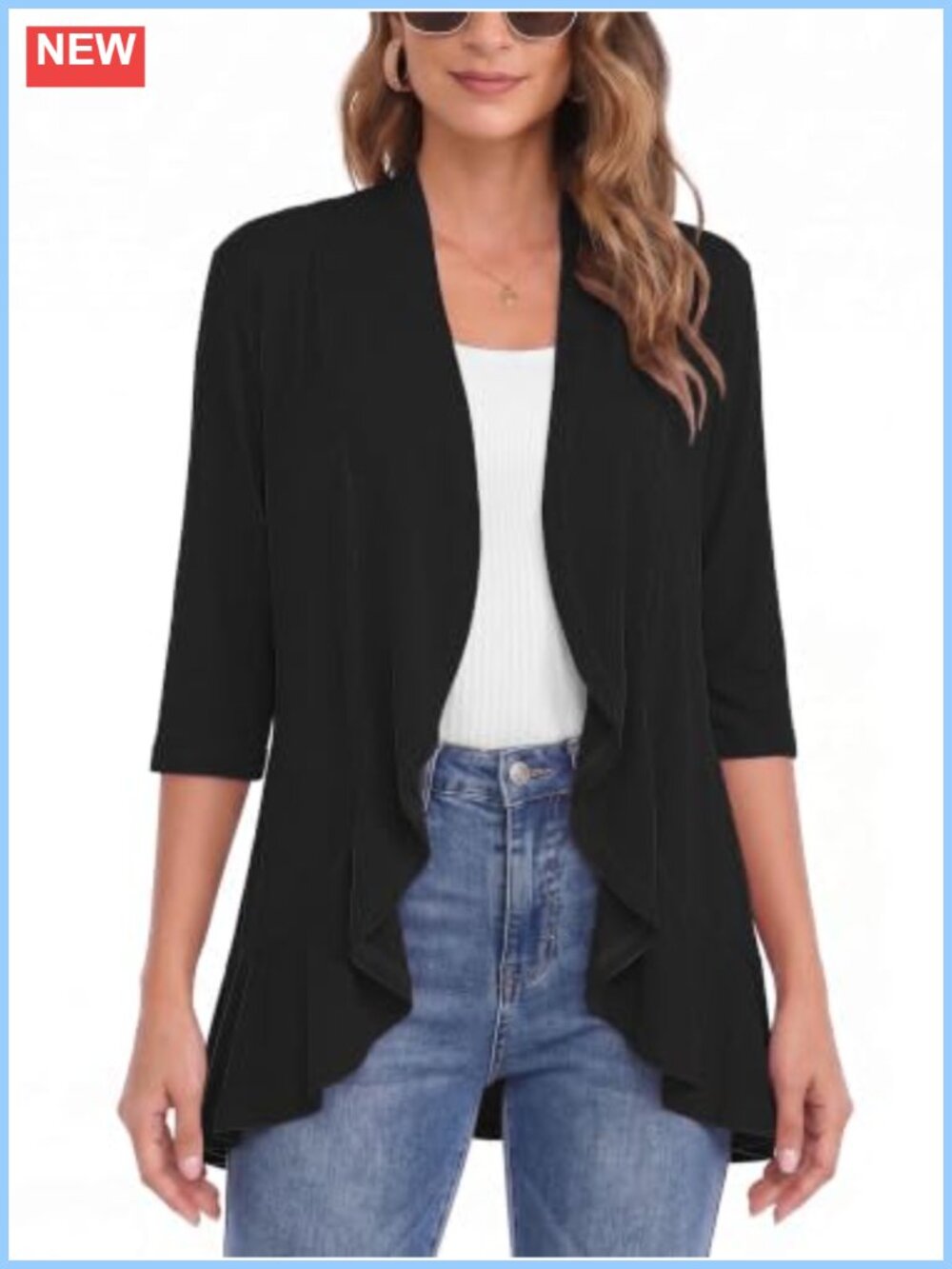 Women Lightweight 3/4 Sleeve Ruffle Shrug Cardigan Open Front